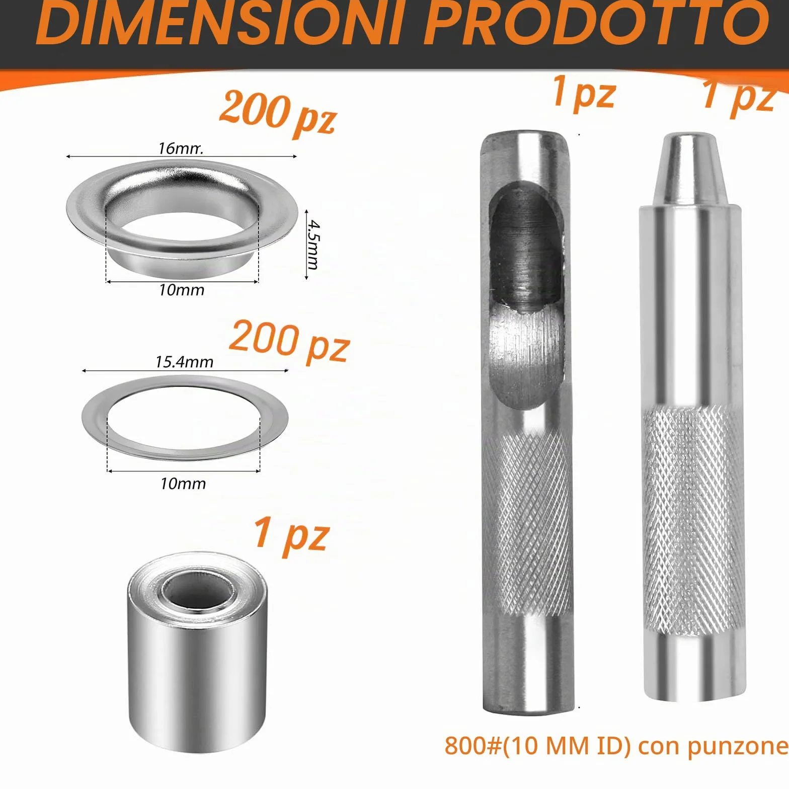 Occhielli in Acciaio Inox 10 mm 200 Pezzi Kit Pinze per Telone Abbigliamento Pelle