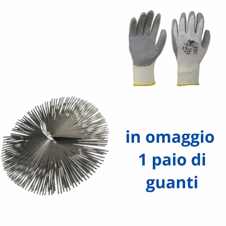 PINTO FERRAMENTA Kit Spazzacamino Pulizia Canna Fumarie Spazzola Tonda Quadrata Asta Stufa Legna Camino Pellet Guanti 25 CM