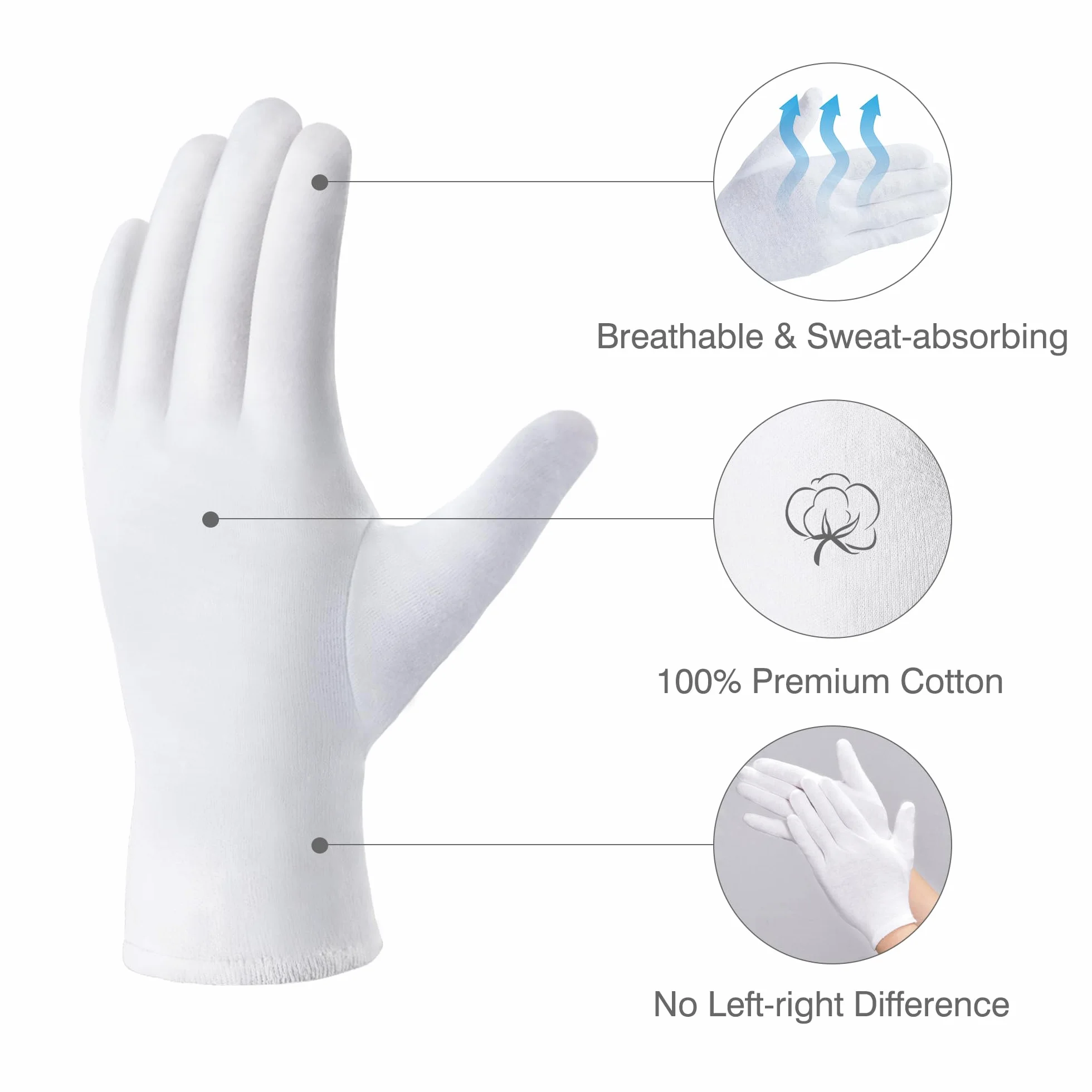 COOLJOB 6 paia di guanti in cotone bianco per donne e uomini, guanti per eczema, con borsa per il lavaggio, guanti protettivi idratanti in 100% cotone, per mani asciutte, ispezione gioielli (6 paia,