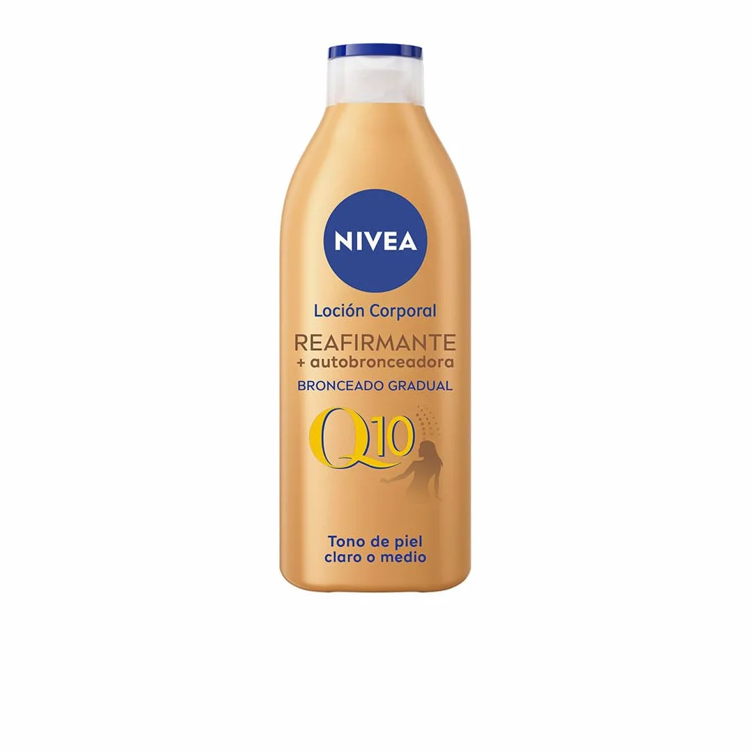 NIVEA Q10 Lozione per il corpo rassodante + autoabbronzante (400 ml), crema idratante per il corpo con coenzima Q10, crema abbronzante per tono della pelle chiaro a medio