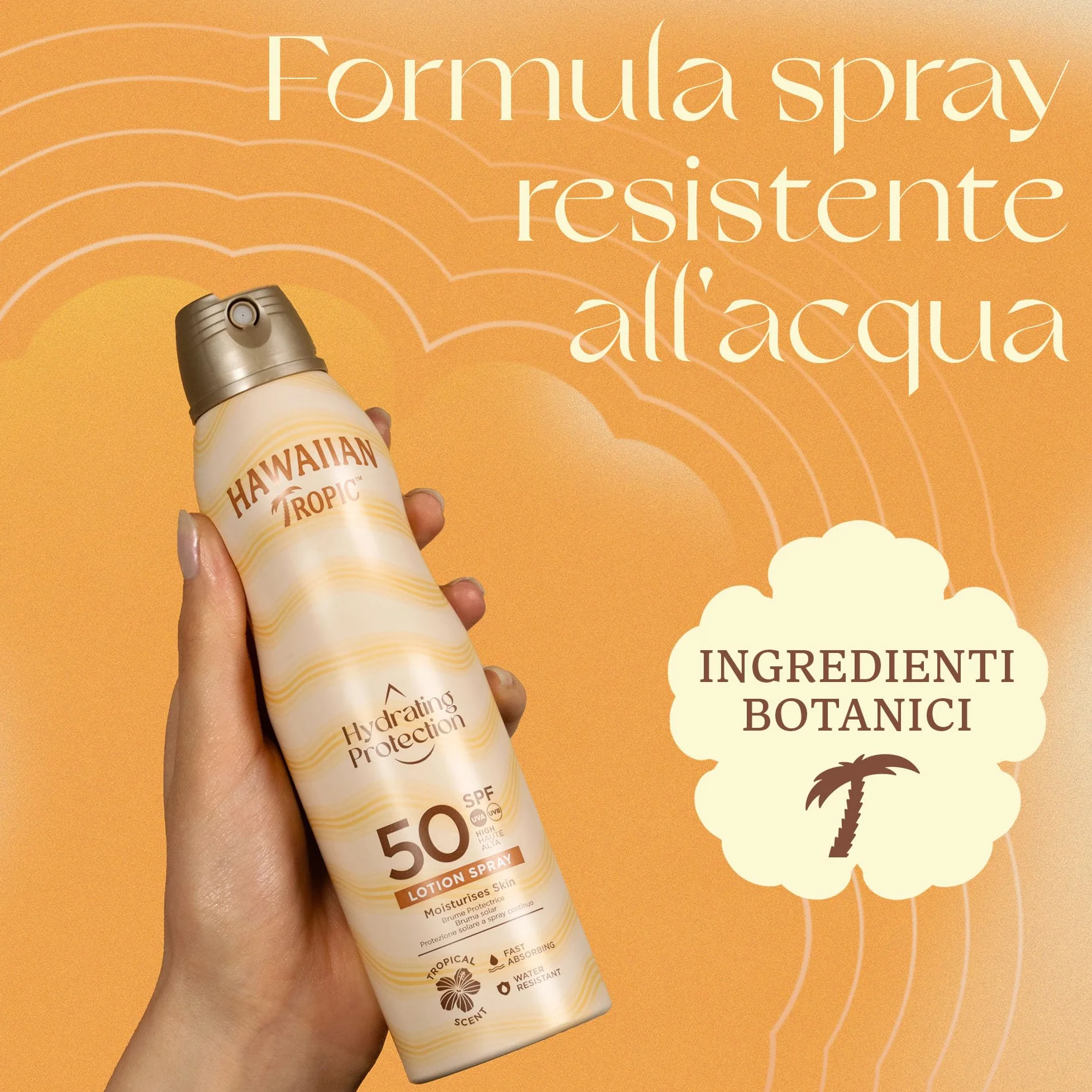 Hawaiian Tropic Spray Solare Protettivo Idratante, Protezione SPF 50 UVA e UVB Resistente all'Acqua, Profumo Tropicale, Lozione Solare, 220 ml
