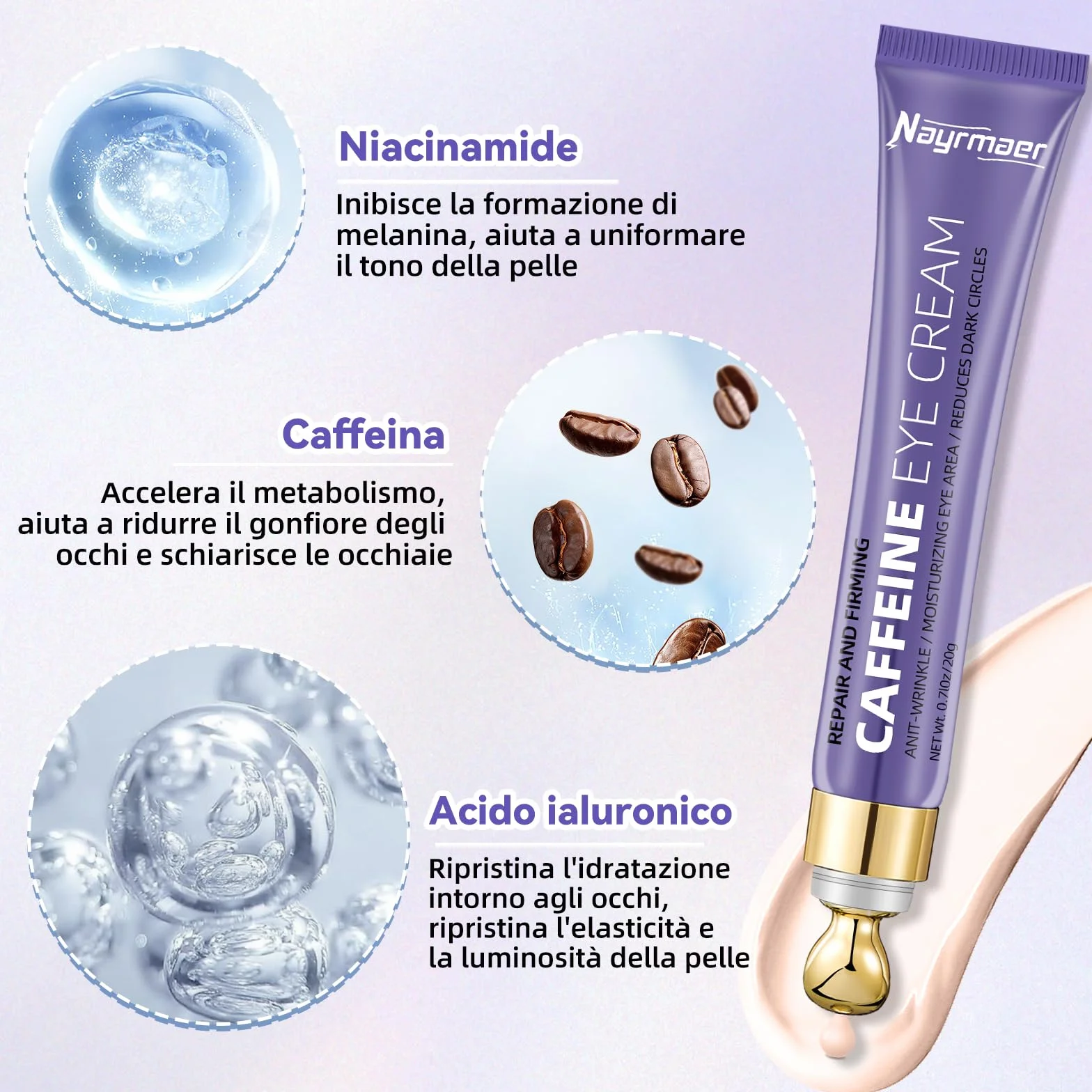 Crema Contorno Occhi alla Caffeina 20g, Riduce le Occhiaie e il Gonfiore, Contiene Niacinamide e Acido Ialuronico, Idratante, Adatta a Tutti i Tipi di Pelle