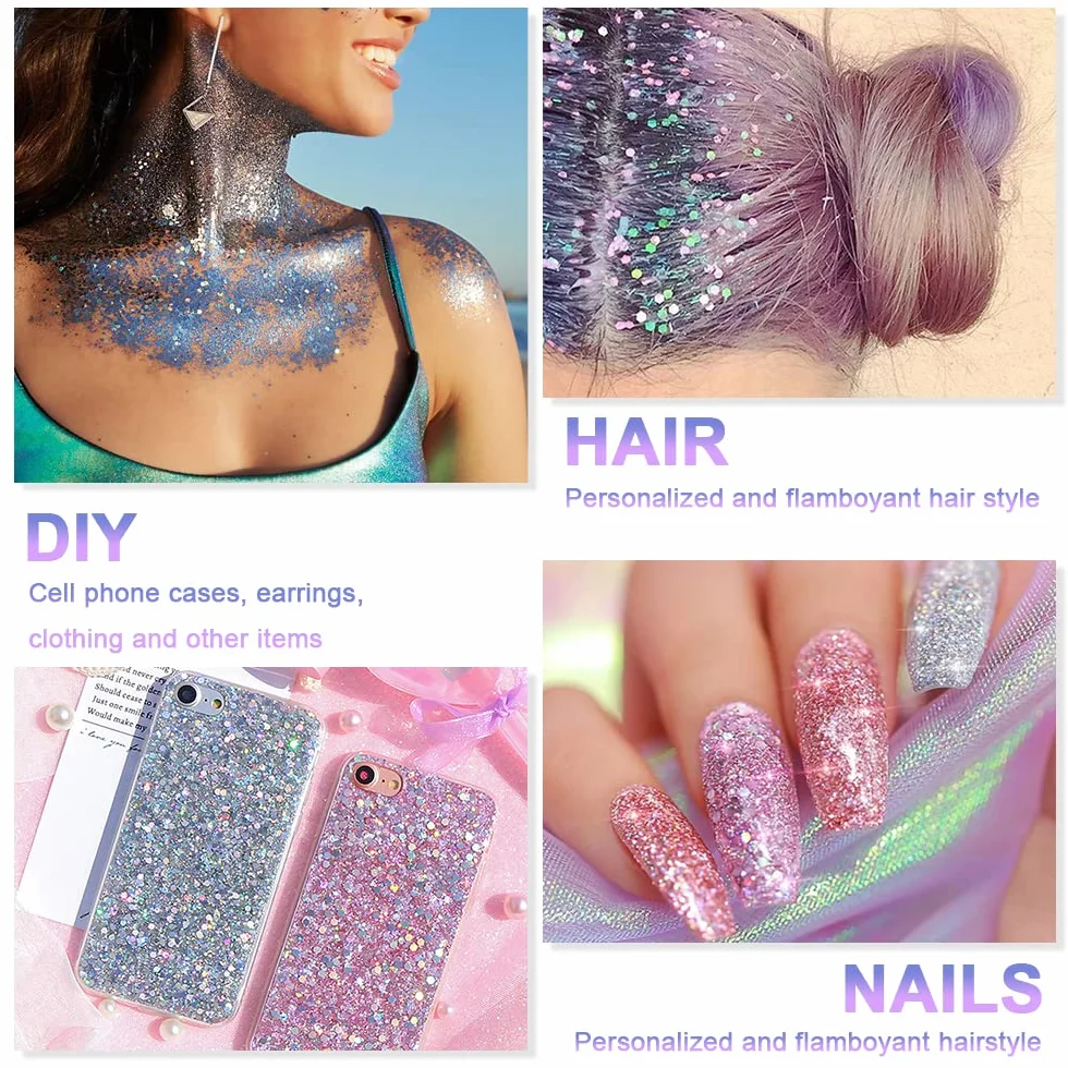 URAQT Glitter Corpo, 1 pezzi da 50 ml Gel per Viso, Unghie, Occhi, Labbra, Capelli e Corpo - Chunky Glitter per Musica, Festival, in Maschera(Bianco)