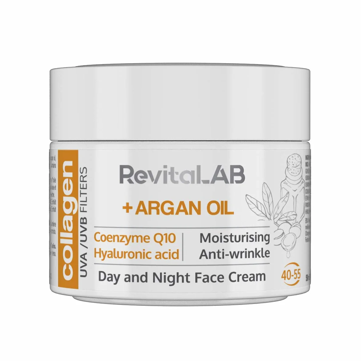 RevitaLAB Day and Night Collagen Anti-Aging Moisturizer, Enriched with Hyaluronic Acid, Q10, Argan Oil, and a UVA/UVB Filter for Ages 40 – 55, 50 ml
