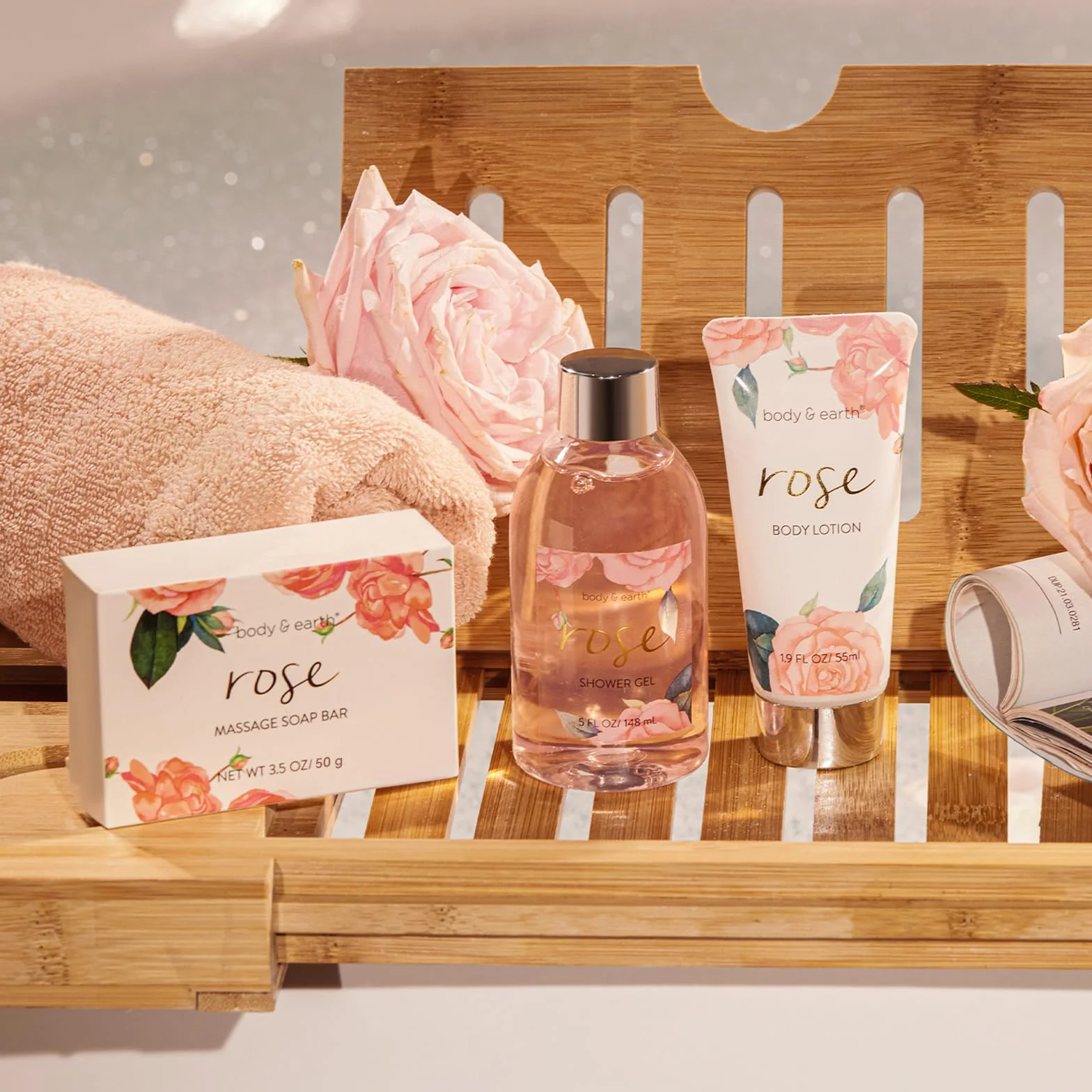 BODY & EARTH Confezione Regalo per Donne, 5 Pezzi, Rosa, gel Doccia, Burro per il Corpo, Crema per Le mani, Lozione per il Corpo, Regalo di Compleanno, Fidanzata, San Valentino per lei