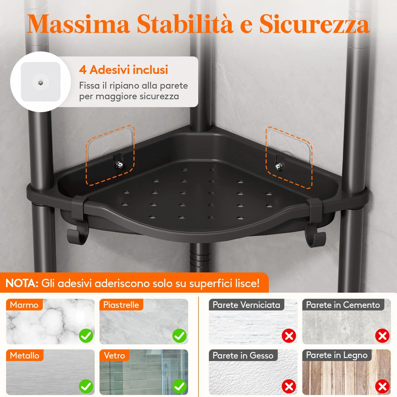 Mensola Doccia a 4 Livelli senza Foratura, Organizzatore Angolo per Bagno in Plastica, Nero 34cm