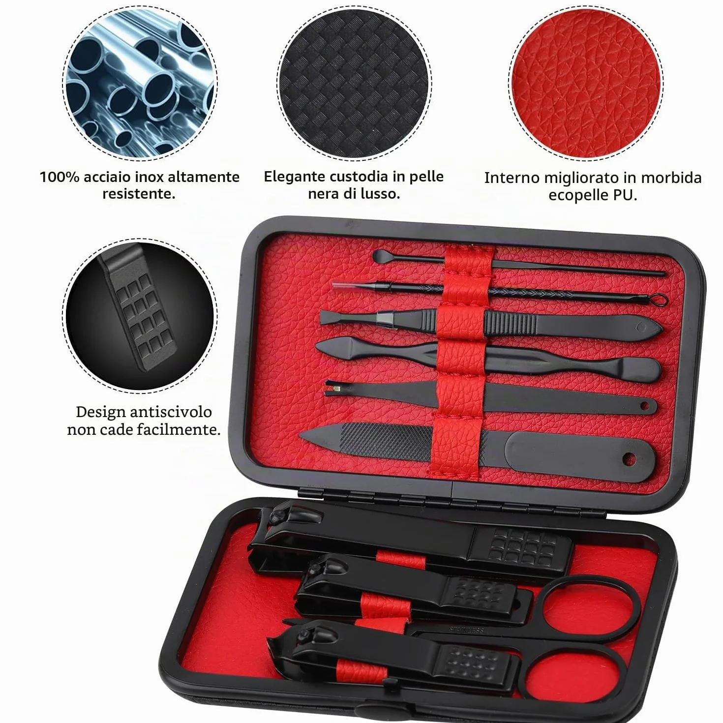 Glamne Set manicure Kit tagliaunghie Strumenti professionali per la cura delle unghie in acciaio inossidabile con custodia da viaggio in pelle 10 in 1 Nero