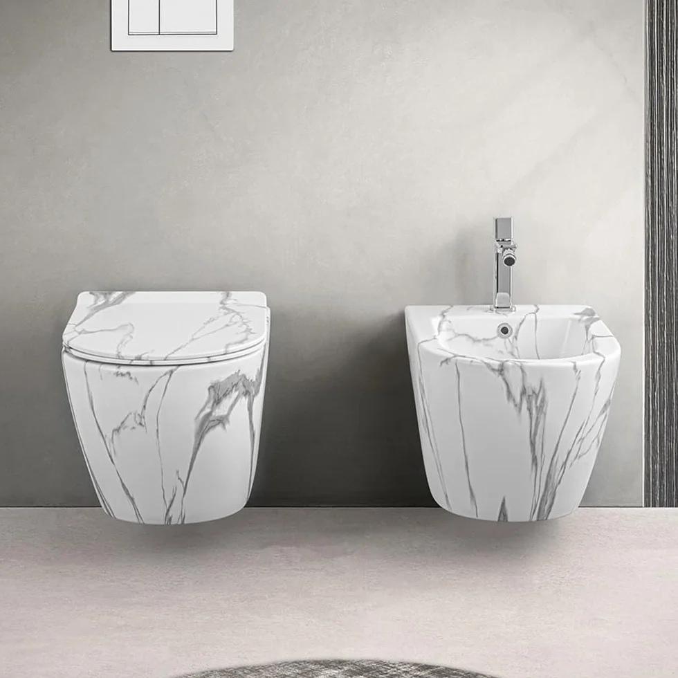 Set Sanitari Sospesi Rimless Ceramica Effetto Marmorizzato Bianco Linea Tokyo L 36 x P 55 x H 33 cm Sedile Soft-Close