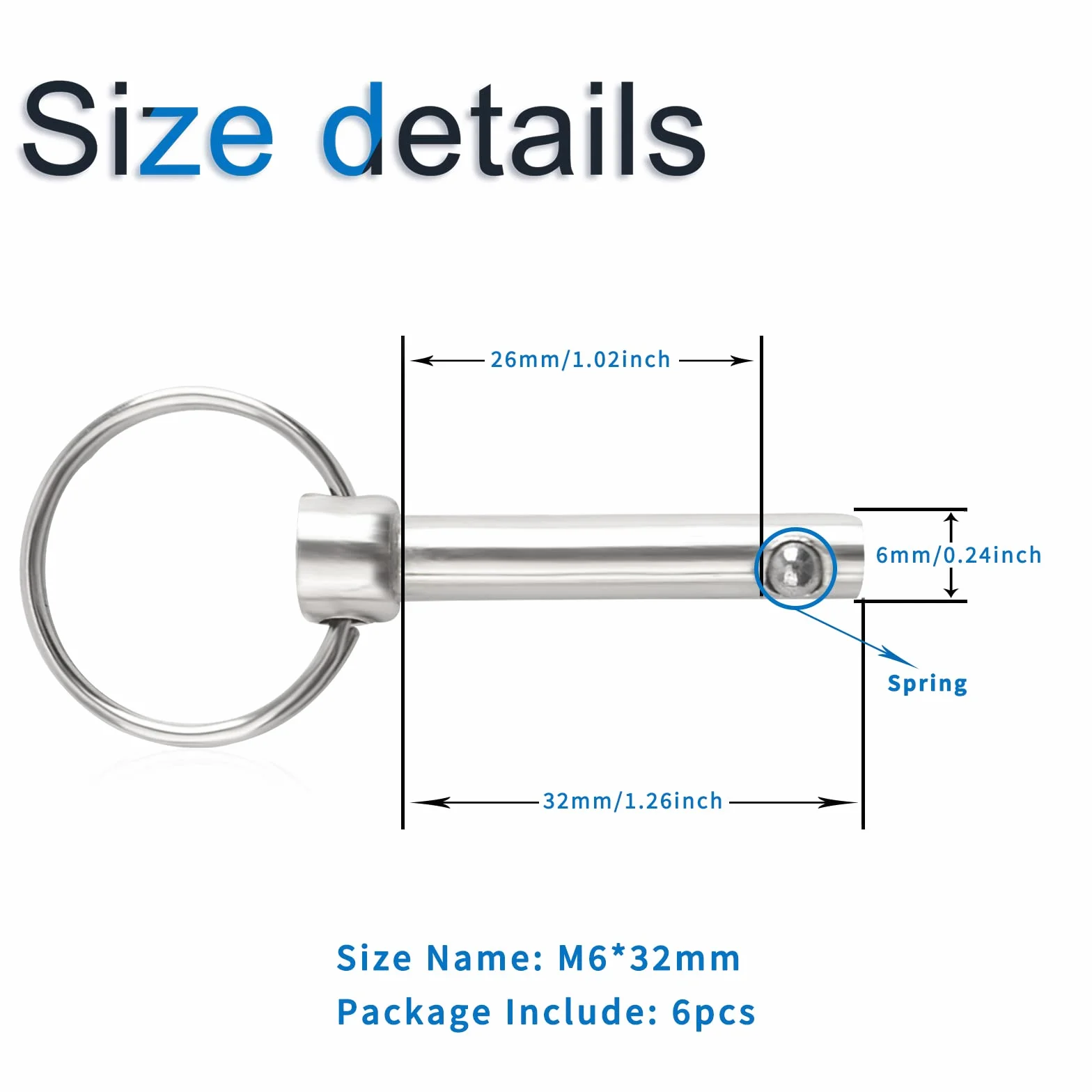 INCREWAY Pin a sgancio rapido 6 pezzi Hardware acciaio al carbonio Bimini Top Marine Dia 6mm Lunghezza 32mm
