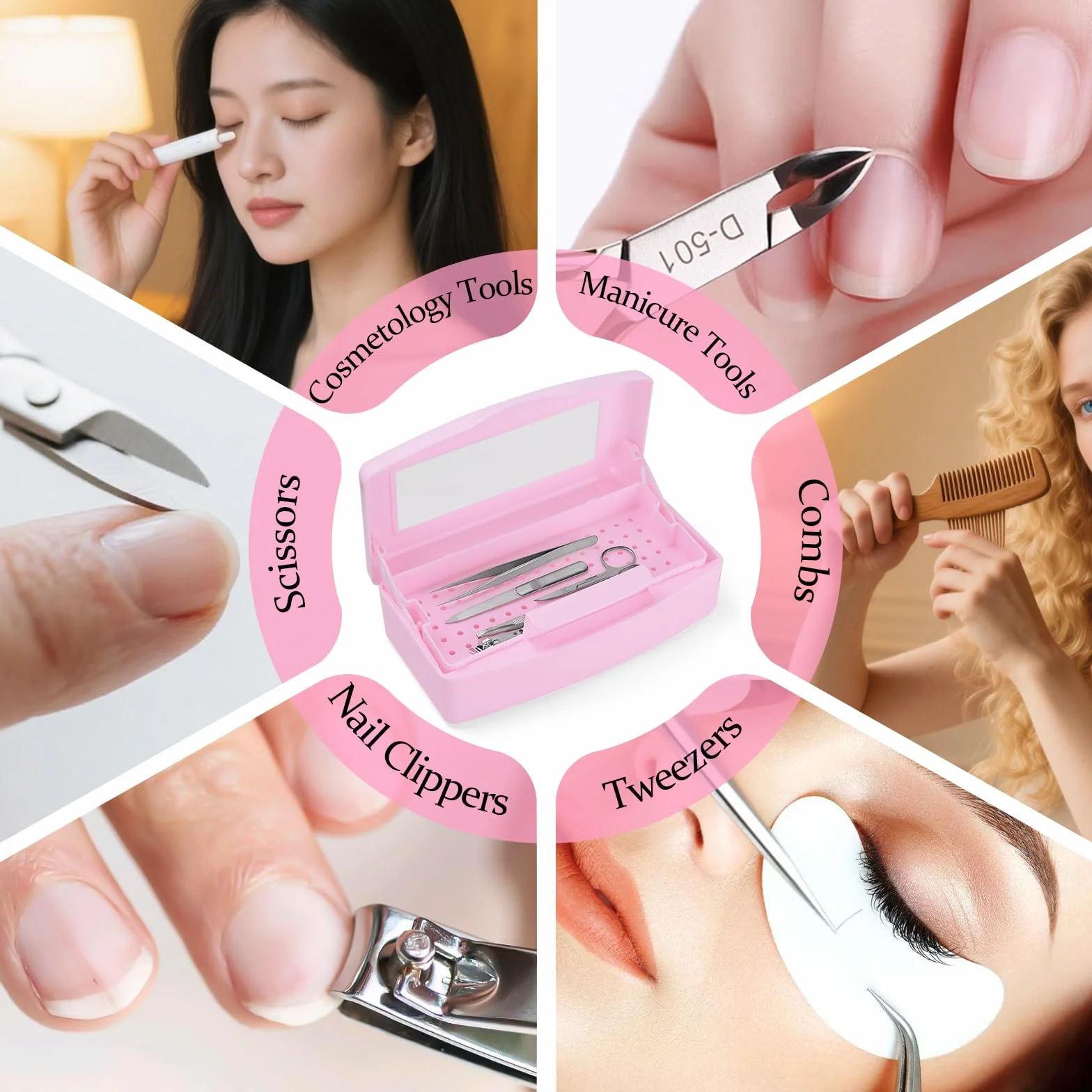 ATOMUS Scatola sterilizzatrice per unghie, vassoio in plastica per sterilizzazione, organizer per pinzette, extension per ciglia, strumenti per l'applicazione delle unghie (rosa)
