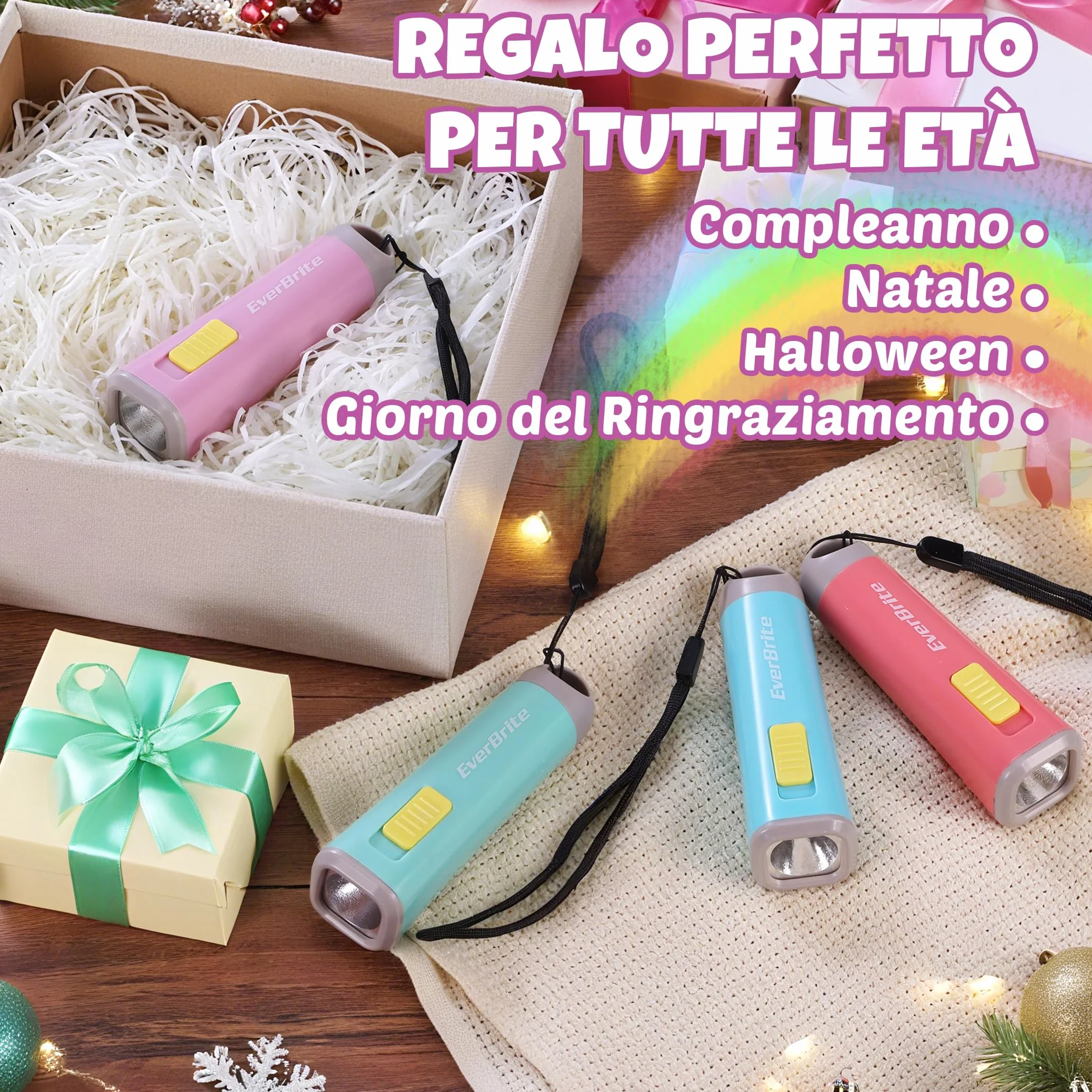 EverBrite Mini Torcia LED Rosa 46g Luce Gialla Calda 3 Batterie AAA Incluse