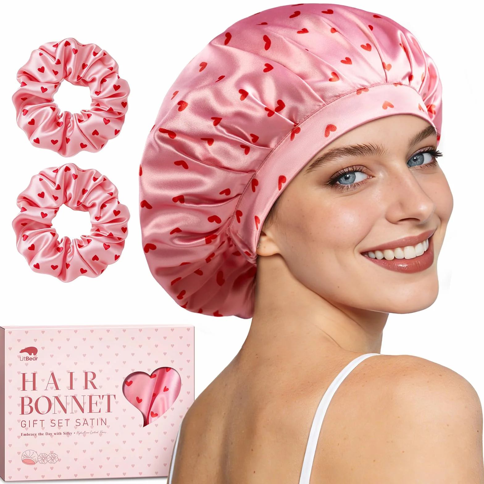 LitBear Cappello da notte da donna per dormire, regolabile a doppio strato di raso con elastici per capelli naturali ricci