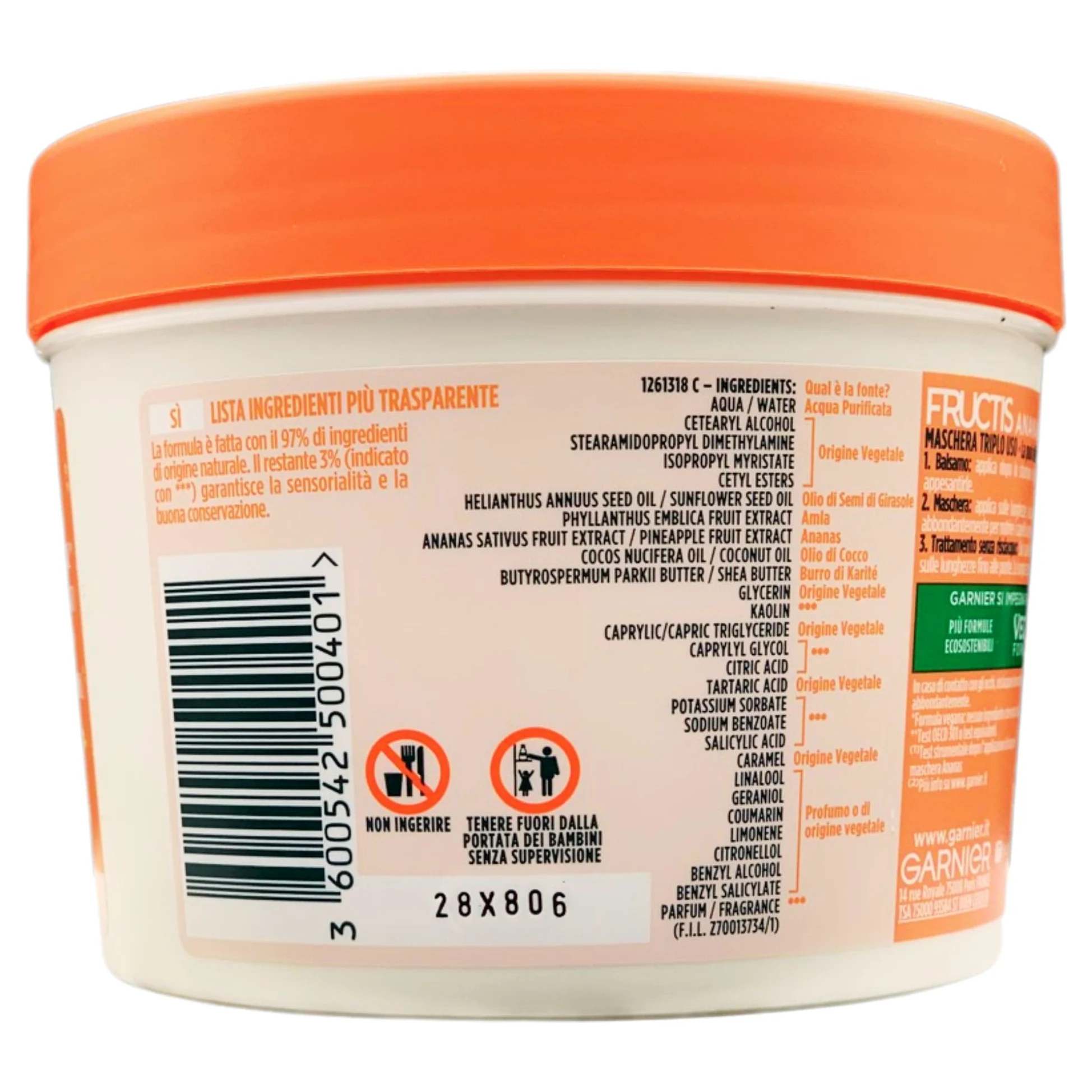 Maschera Triplo Uso, Utilizzabile come Balsamo, Maschera o Trattamento Senza Risciacquo. Ananas Hair Food, Per Capelli Lunghi e Spenti, Lunghezze Luminose, +Nutrienti Attivi 390ml (6 Barattoli)