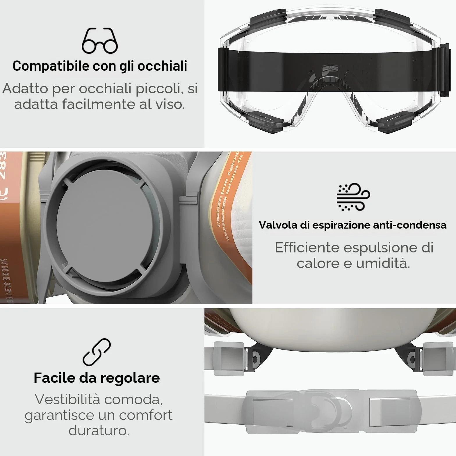 AIMAX Maschera di protezione respiratoria con filtro A1P2, occhiali protettivi, riutilizzabile per verniciare, levigare, spruzzare