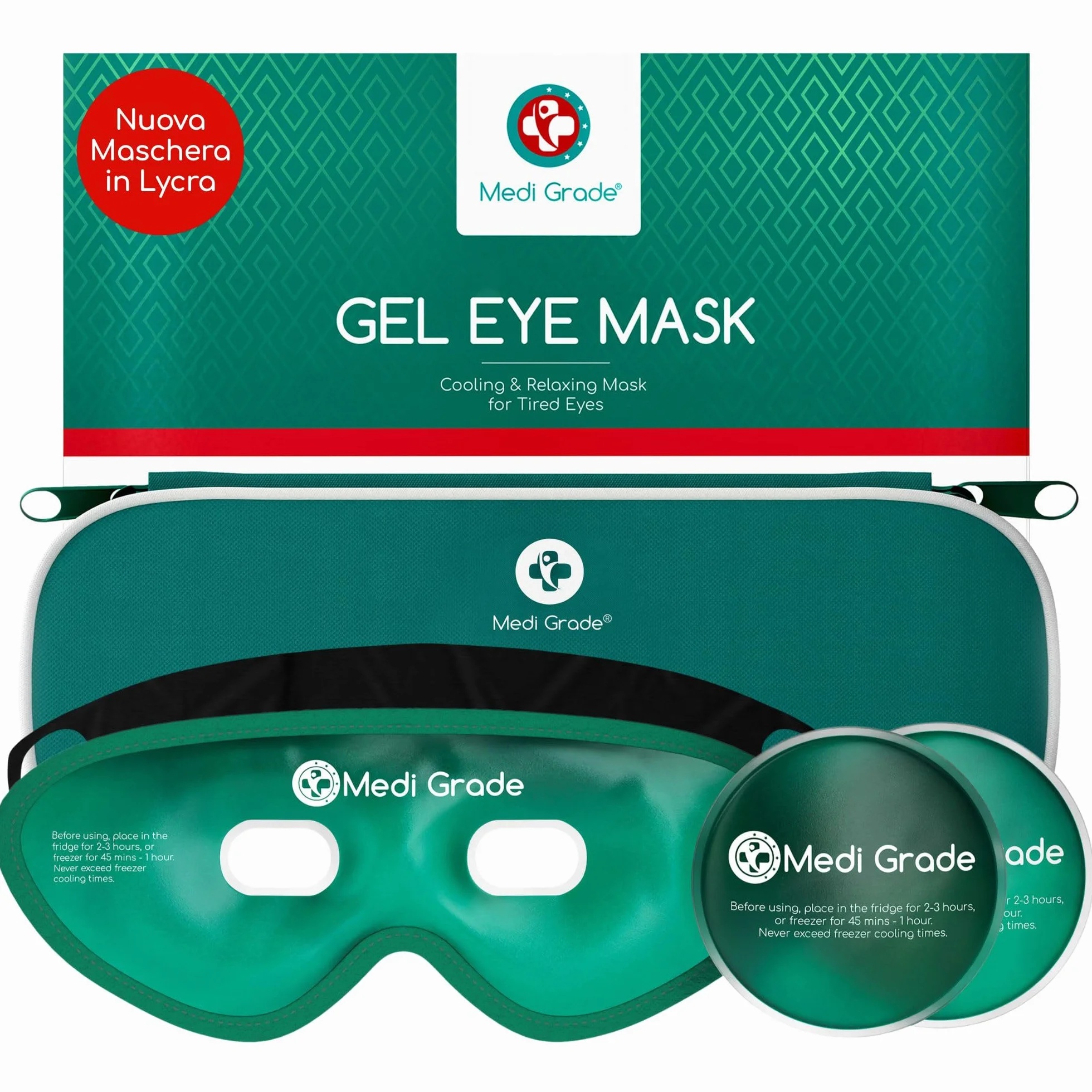 Medi Grade Maschera Occhi Gel Freddo - Riutilizzabile con 2 Cuscinetti Rinfrescanti, 1 tessuto Lycra e Borsa Termica - Mascherina Refrigerante con Strap Regolabili