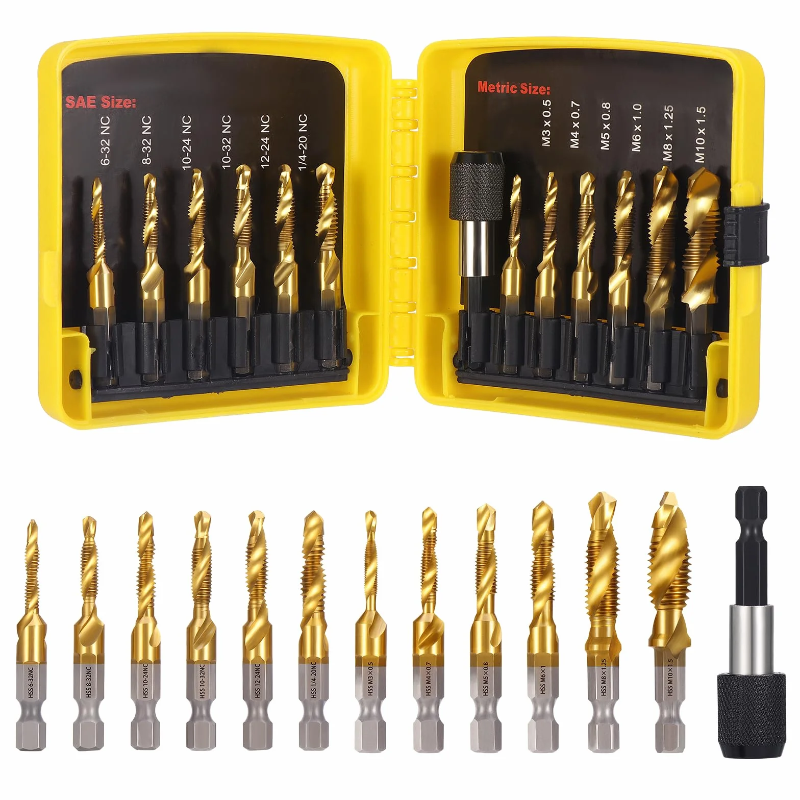 Set di 13 punte per filettatura HSS 6 mm M3-M10 SAE 6-32NC 1/4-20NC