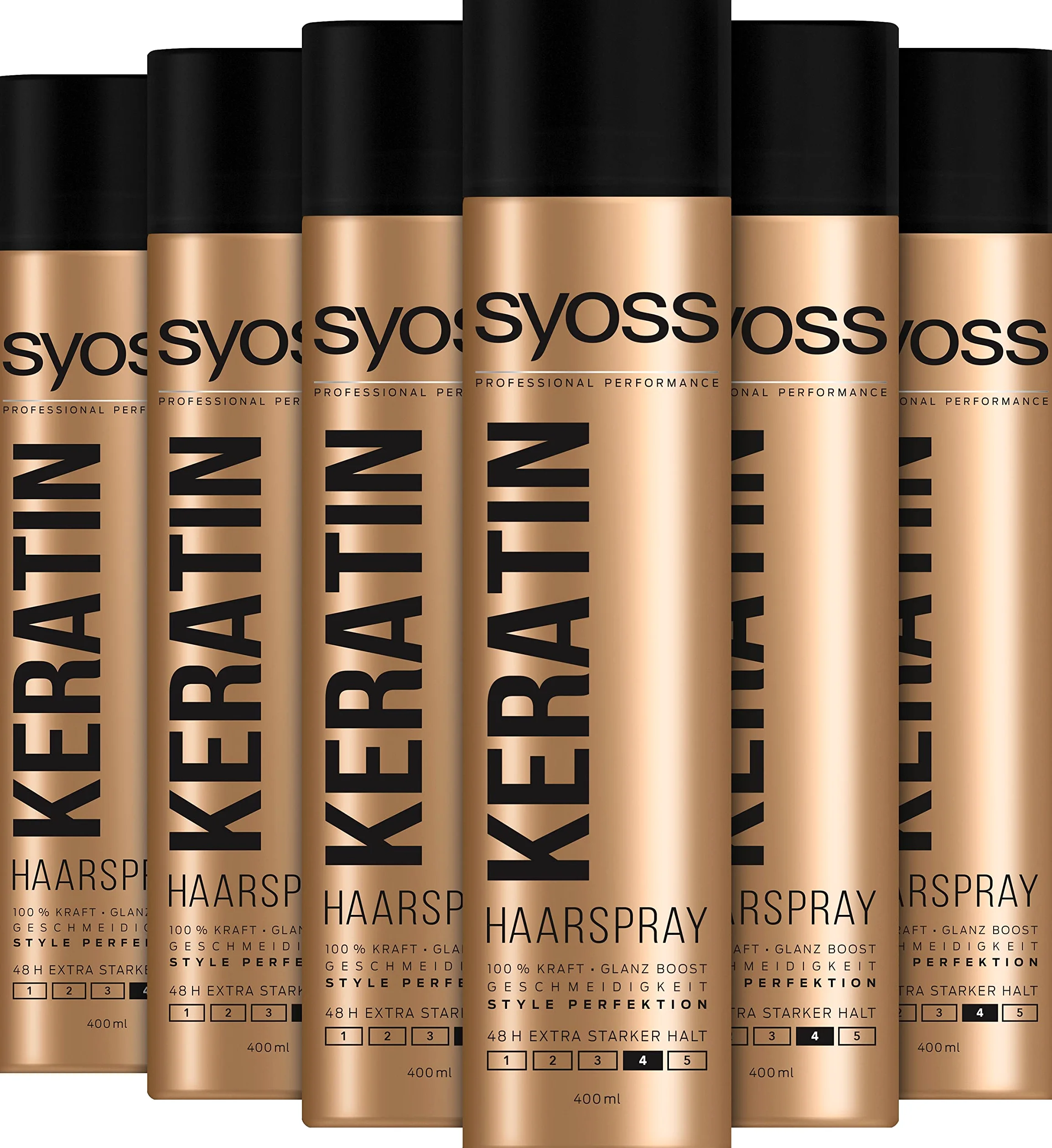 Syoss Lacca per capelli alla cheratina Hold Level 4 (6 x 400 ml), spray extra forte per un massimo di 48 ore di controllo dello styling, dona lucentezza, morbidezza e protezione UV
