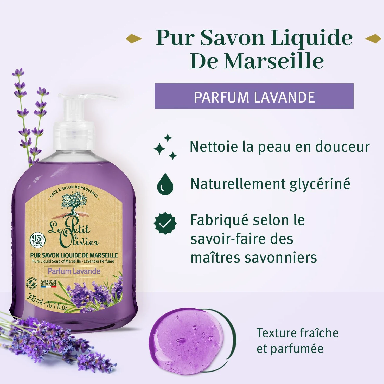 LE PETIT OLIVIER - Lotto di 12 - Puro sapone liquido di Marsiglia - Profumo di lavanda della regione grassa - Pulisce la pelle in morbidezza - 95% di origine naturale - Made in France - 300 ml
