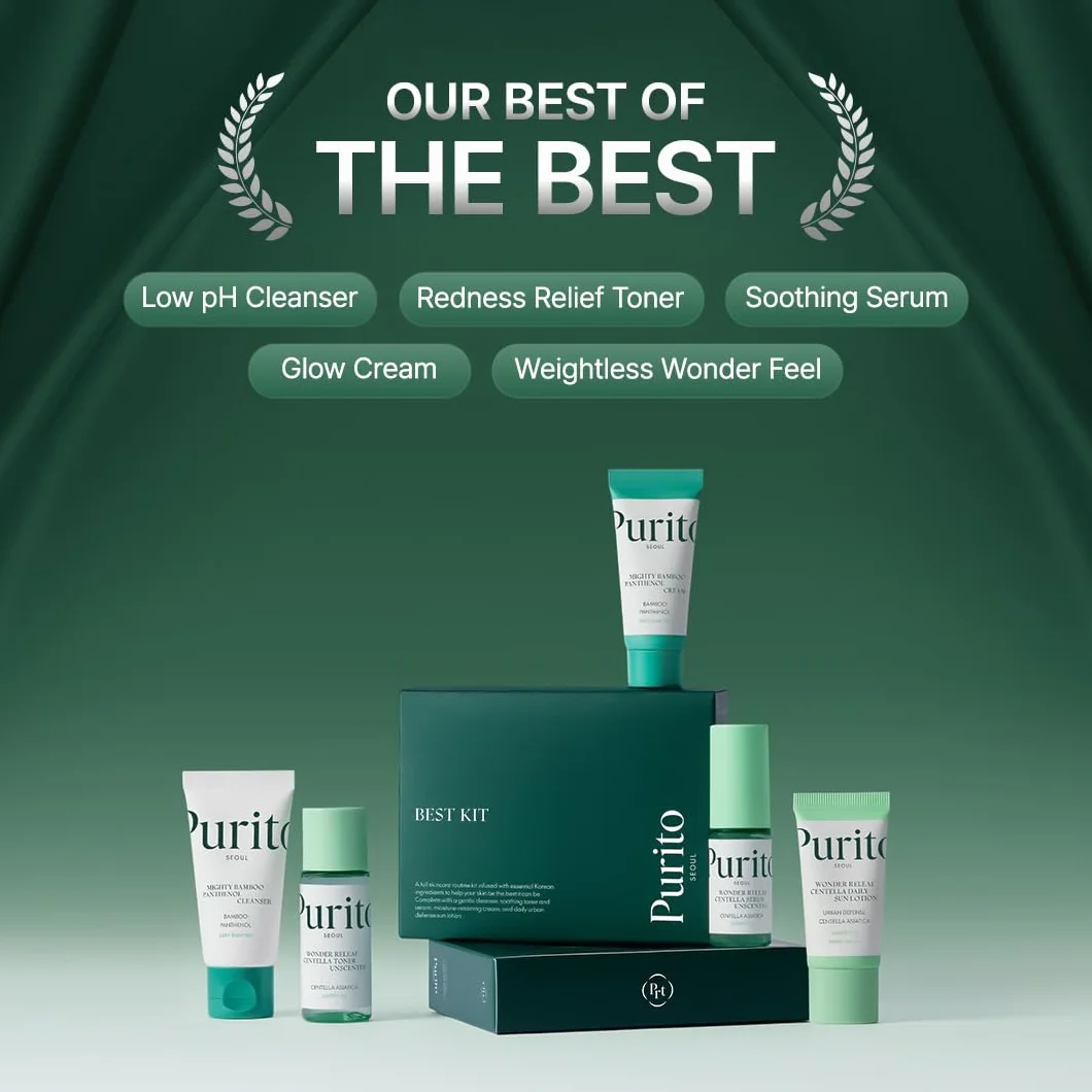 PURITO SEOUL Best Kit per la cura della pelle con detergente e crema al pantenolo, siero e toner alla centella inodore, per tutti i tipi di pelle, set regalo, per viso, siero viso, K-Beauty, 104 ml