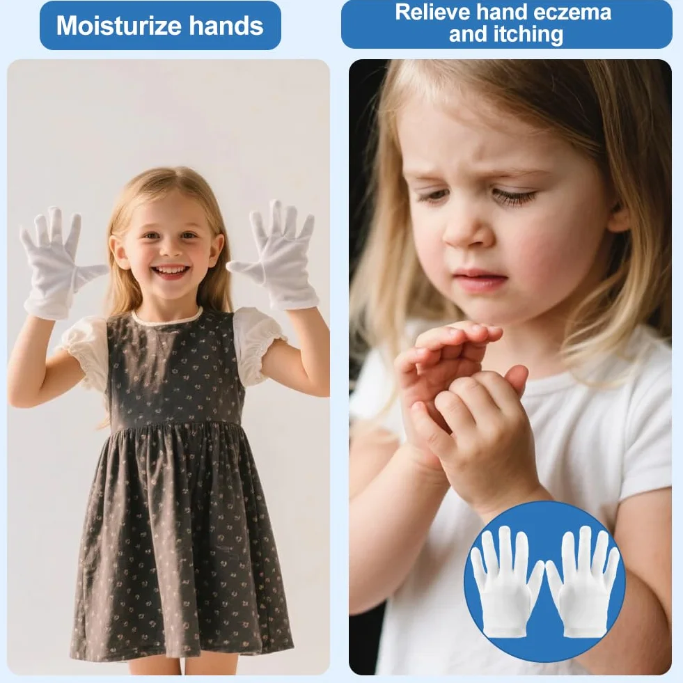 Guanti in Cotone Bianchi Bambini, 4 Paia Lavabili e Riutilizzabili in Cotone Guanti Idratanti per Mani Asciutte Eczema Notte per i Bambini (3-5 Anni)