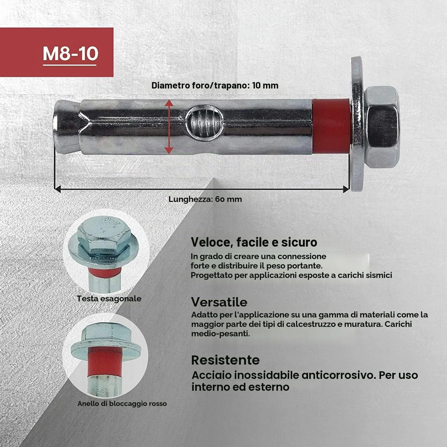 BULLONI ESPANSIONE M8-10 10 Pezzi Acciaio Galvanizzato Tasselli Muro Cemento Armato