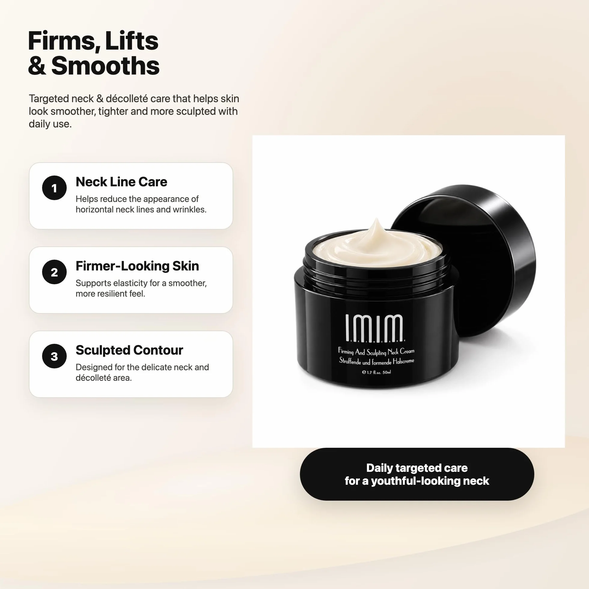IMIM Crema Collo Rassodante e Modellante 50ml – Crema Antietà Avanzata Effetto Lifting con Tripeptide-1, Pentapeptide-4 e Esapeptide-8 – Idratante Antirughe per Collo e Décolleté