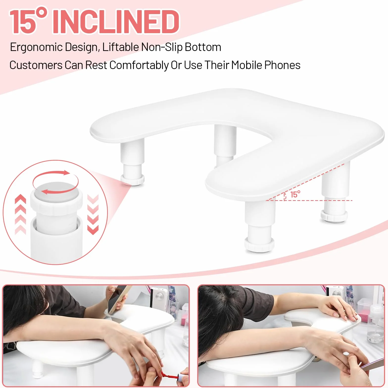 Poggiamano per Unghie per Mani a U – Appoggia Mani per Unghie,Poggiapolsi Regolabile in Altezza in Pelle PU Antiscivolo,Bracciolo per manicure,Ideale per Tecnici delle Unghie – Bianco