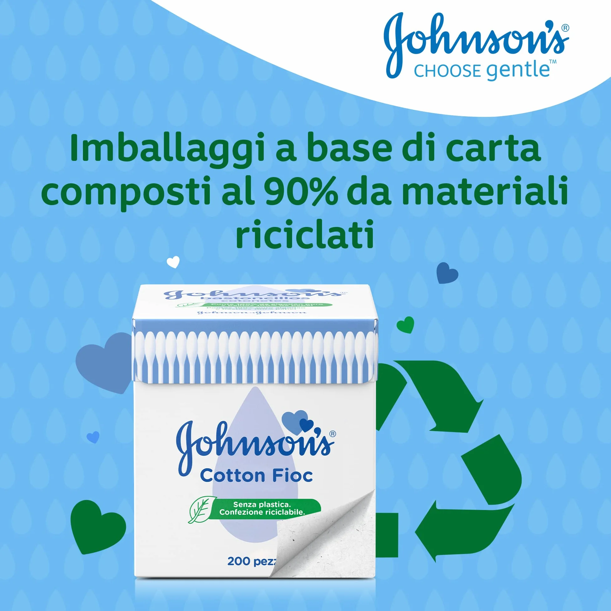 Johnson's Baby Cotton Fioc 200 Pezzi, Cotton fioc neonato e adulto morbidi e delicati, Bastoncini in carta e cotone ipoallergenici per la pulizia orecchie e contorno occhi e per il trucco
