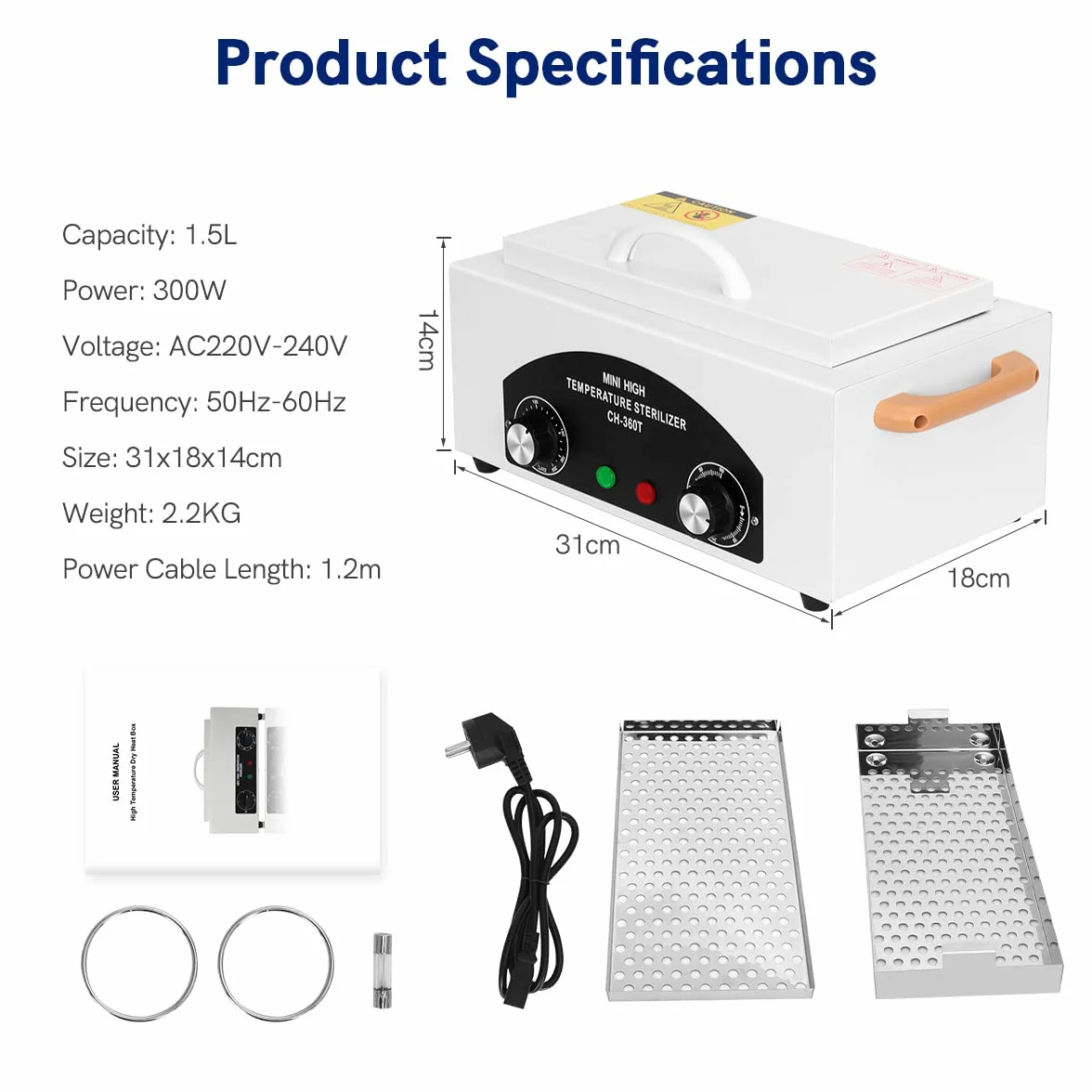 Xverycan 300W Sterilizzatore ad aria calda Disinfezione, 200℃ Sterilizzatore a calore secco ad alta temperatura, piccoli sterilizzatori per strumenti per unghie