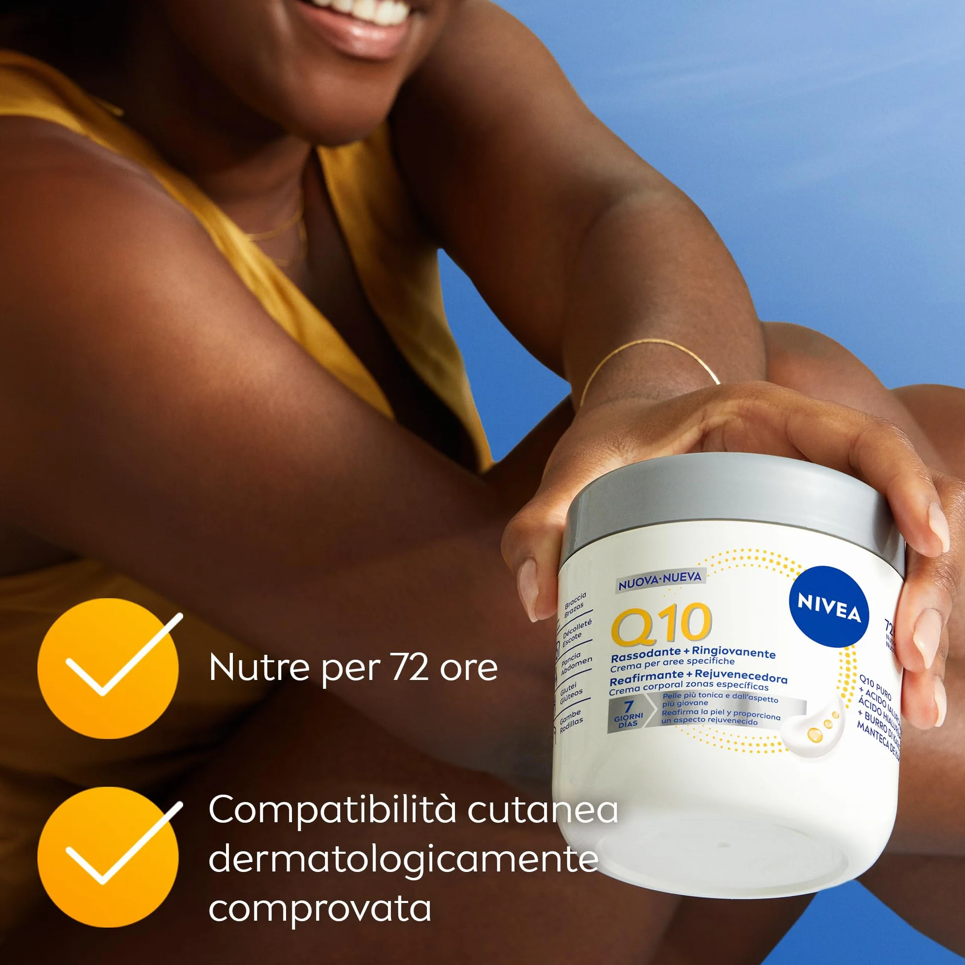 NIVEA Q10 Rassodante + Ringiovanente Aree specifiche 400 ml, Crema rassodante corpo con Coenzima Q10 e Acido Ialuronico, Crema idratante corpo 72h tonificante per seno, braccia, pancia, glutei e gambe