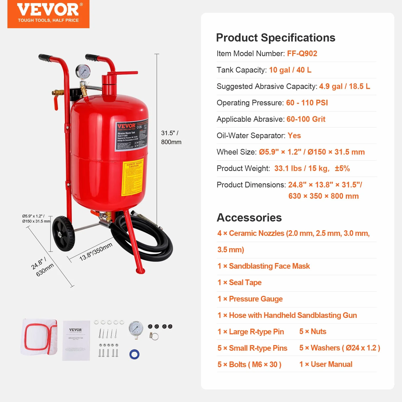 VEVOR Sabbiatrice da 40 Litri 10 Galloni con Ugello in Ceramica Manometro e Ruote in Gomma