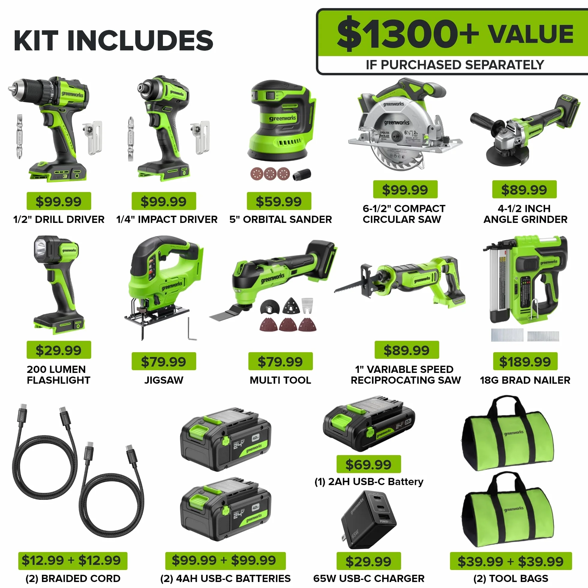 Greenworks 24V combo trapano avvitatore a percussione sega circolare alternativa a calare utensile multifunzione levigatrice torcia