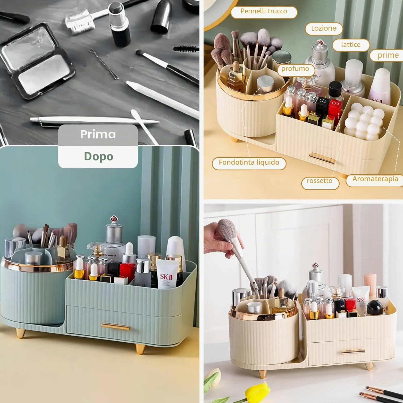 DASITON Organizer Trucchi Rotante a 360°, Porta Trucchi Organizer per Cosmetici con Cassetti,Organizzatore Trucchi di Grande Capacità, Porta Pennelli Makeup per Bagno, Camera da Letto (Crema)