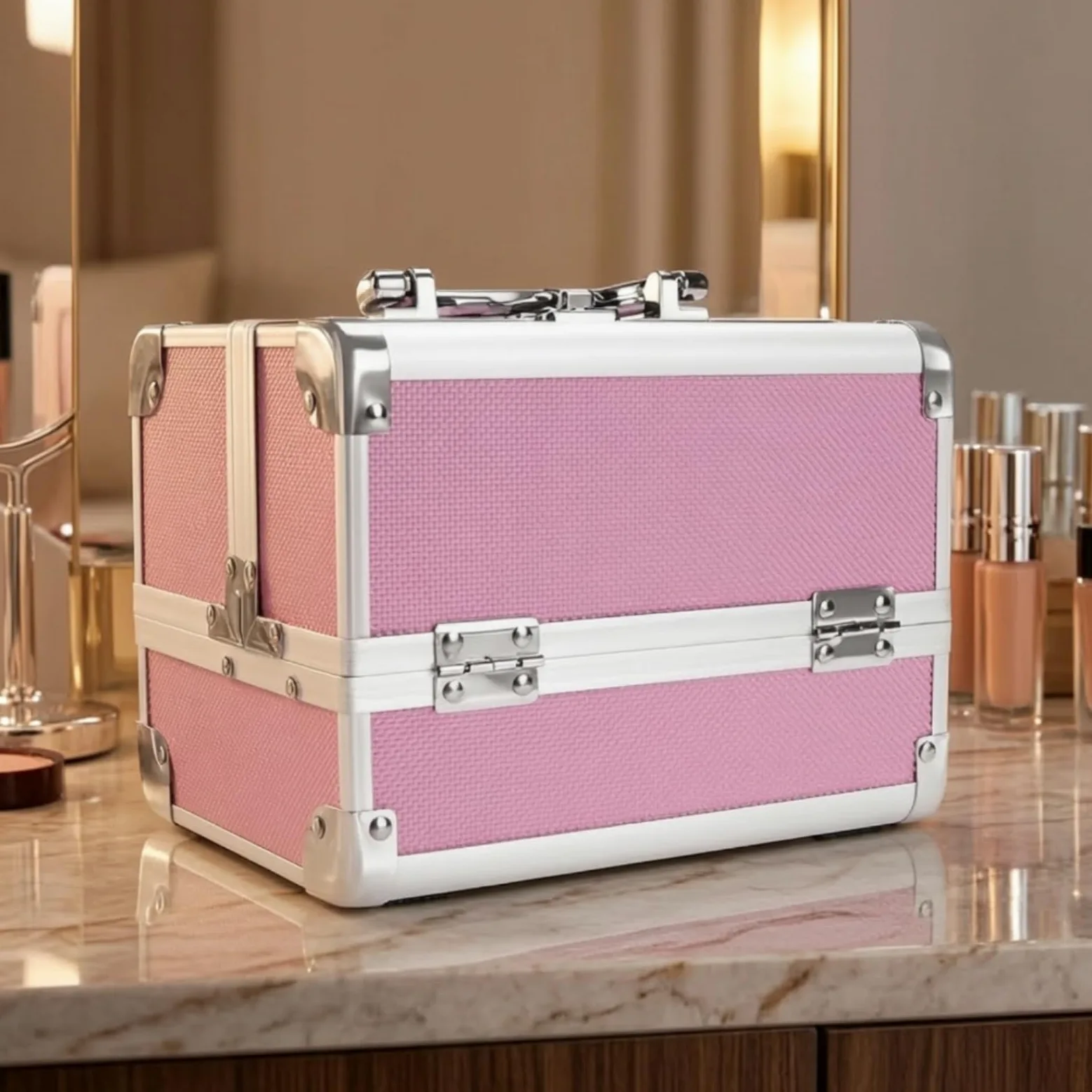 Beauty Case con Specchio Portatile Valigia Porta Trucchi con Specchio Rigida Valigetta Trucco per Truccatori, Studenti di Estetica, Casa, style to 3, Array, Rosa Farfalla