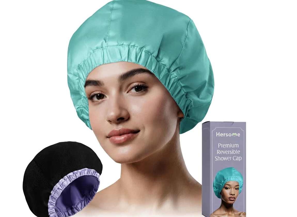 Cuffia da doccia di alta qualità da donna, oltre 1000 docce, 100% impermeabile, double-face, grande cuffia da doccia per capelli lunghi e ideale per ricci (fodera in spugna anti-crespo) turchese.