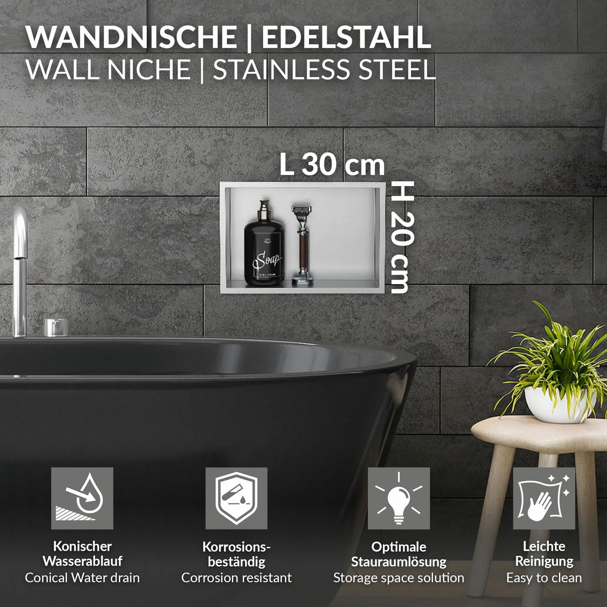 LuxeBath Nicchia a Muro in Acciaio Inox 20x30x10 cm Argento Nicchia per Doccia con Telaio Ripiano Incorporato