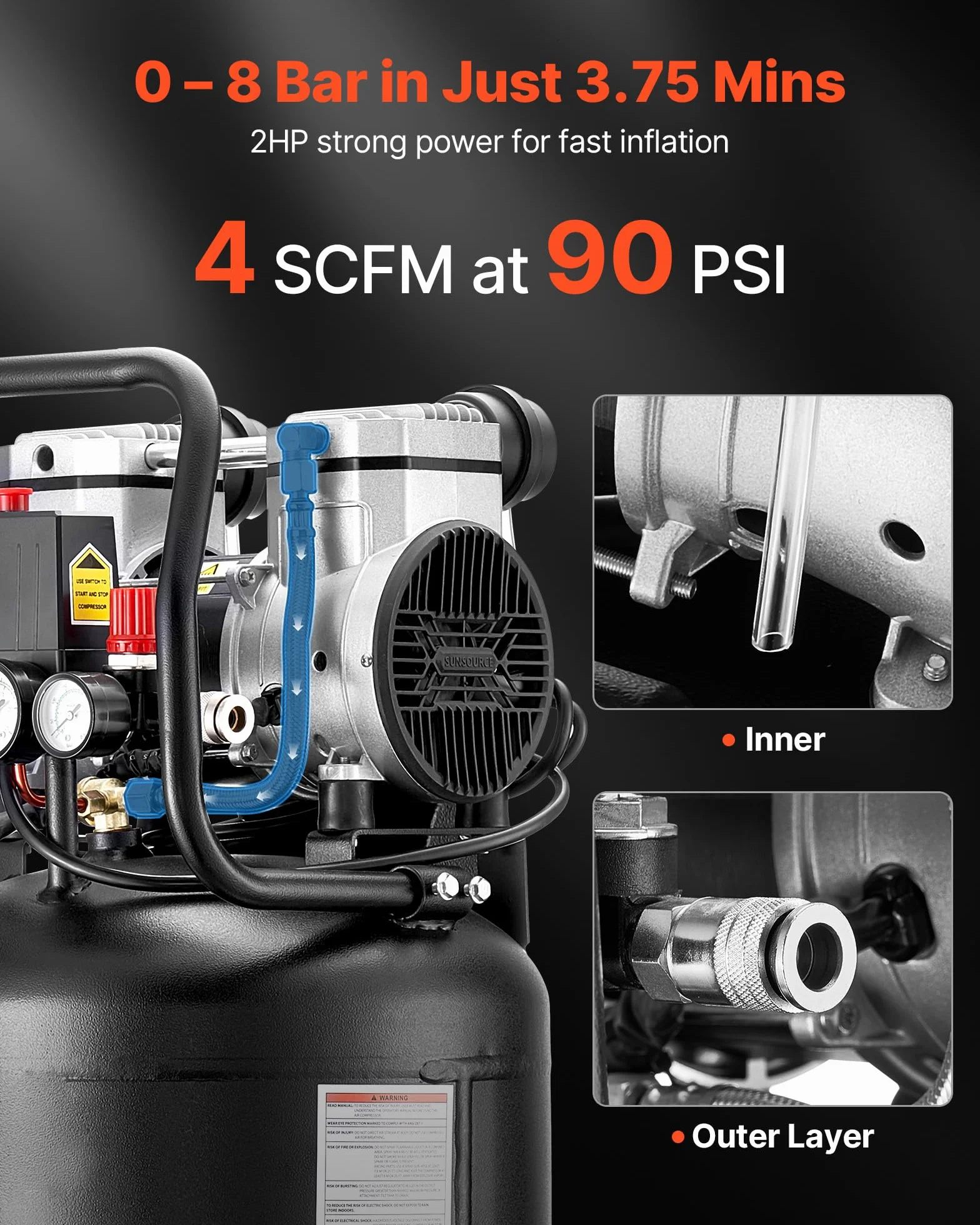 VEVOR Compressore d'Aria 50 Litri 1,5 KW 8 Bar Senza Olio Portatile su Ruote