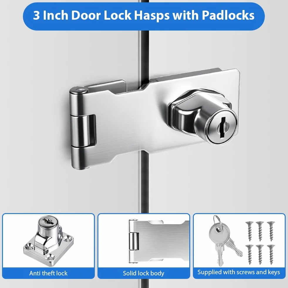 Flintronic Lucchetto Hasp 3 Pollici in Acciaio Inox con Viti e Chiavi Argento
