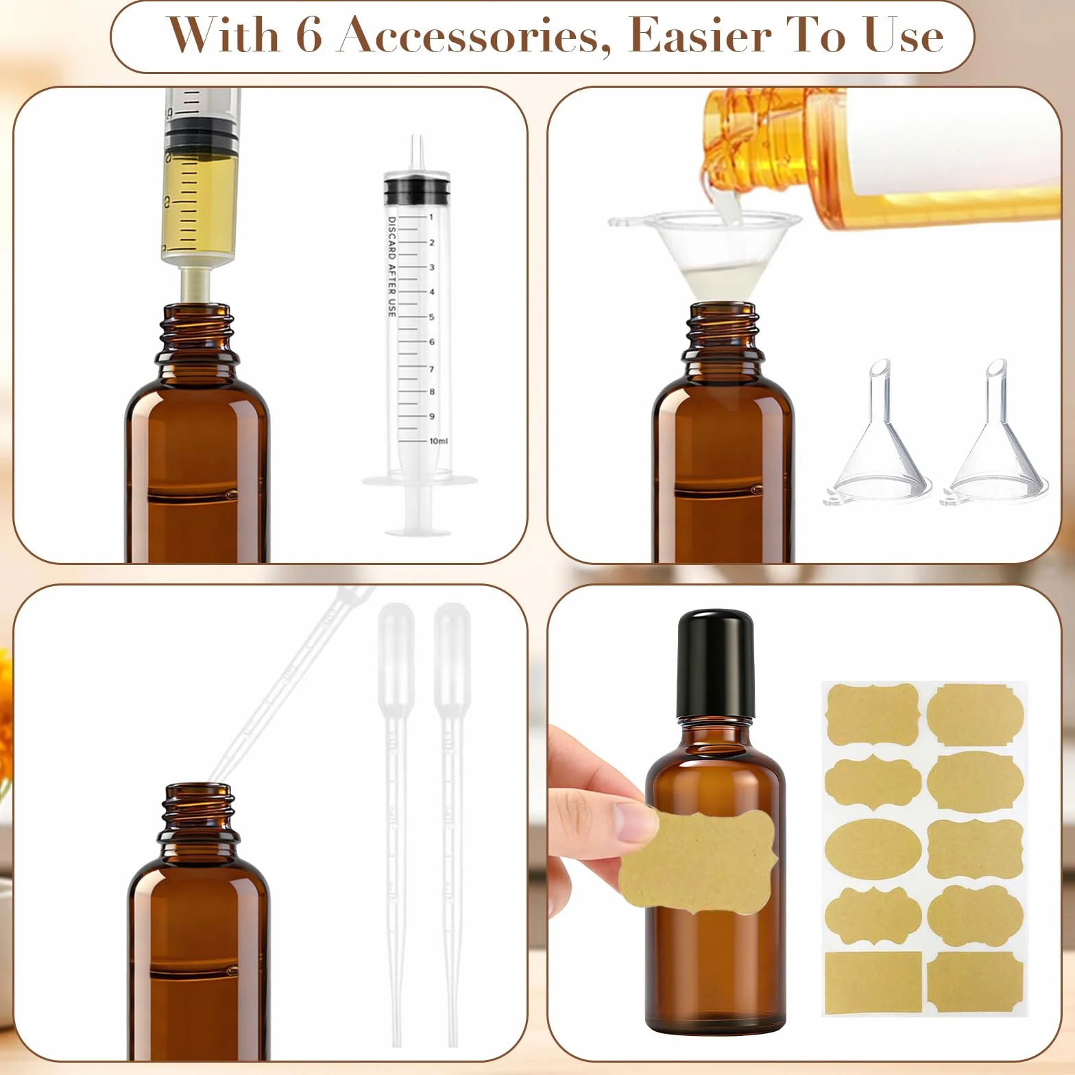 6 bottiglie di vetro rollon da 30 ml per olio essenziale, rollon bottiglia vuota, con sfera in vetro, ricaricabili in Rollon marrone con 6 accessori per profumo, massaggio, aromaterapia
