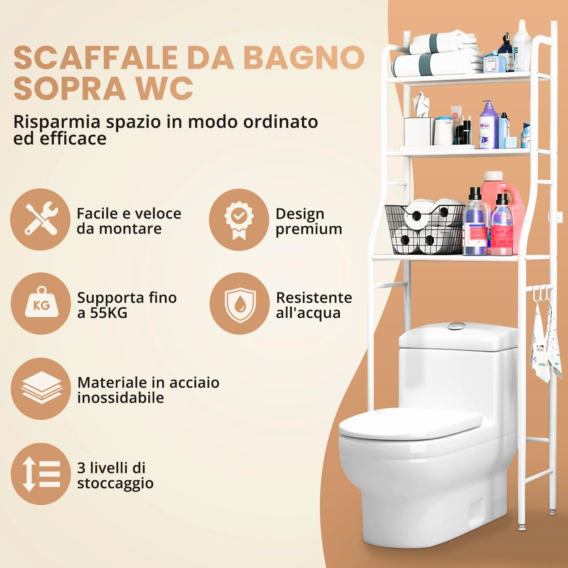 JUPPLIES Mobile Sopra WC Bagno 3 Ripiani Salvaspazio Scaffale Sopra Toilette Metallo 47x26x153cm Piedi Regolabili Anti-Ribaltamento
