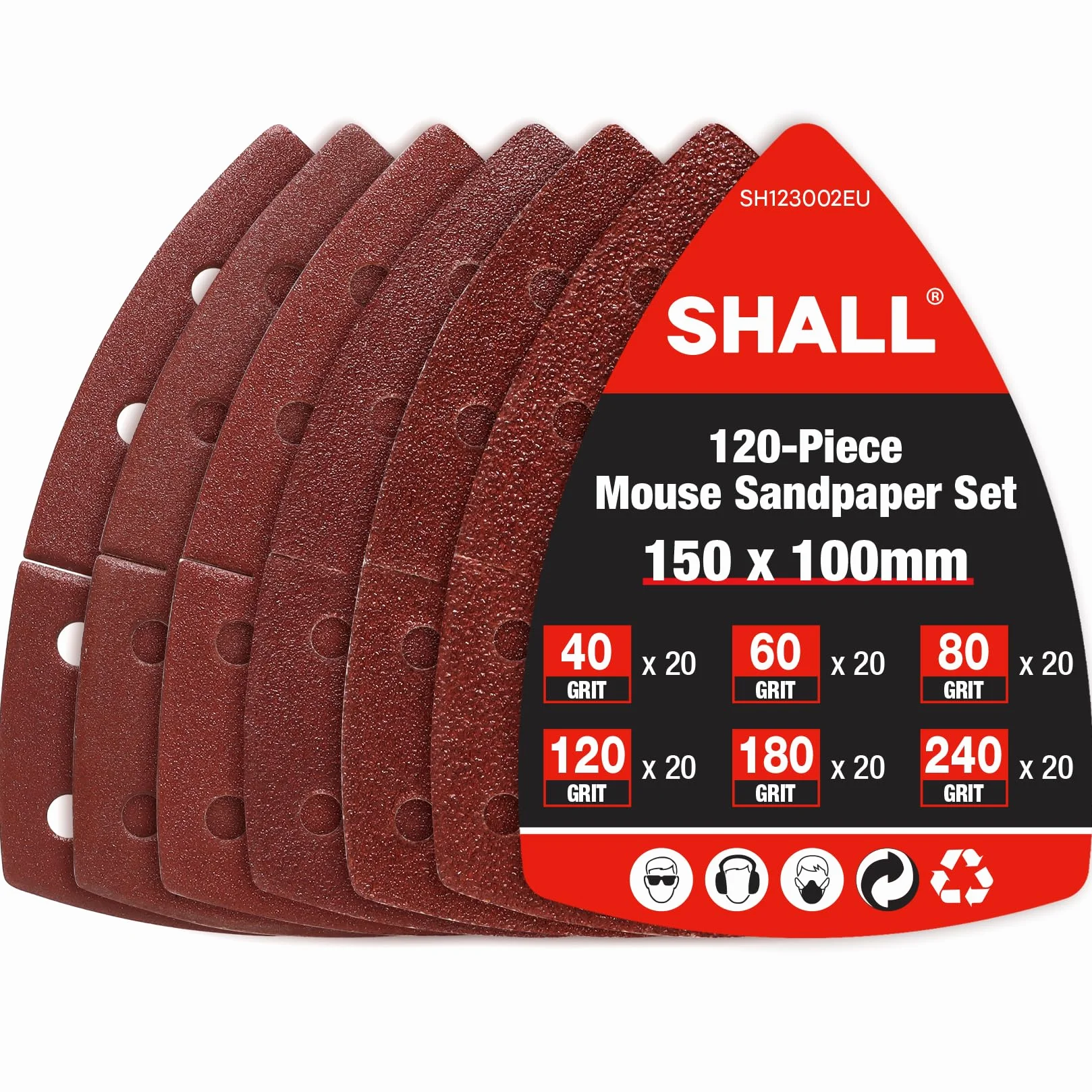 SHALL Set da 120 fogli abrasivi triangolari 105x152mm per levigatrice mouse, grane 40-240