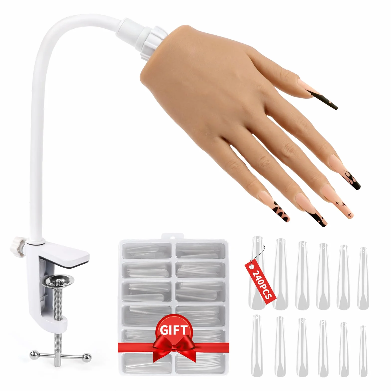 Mano Finta per Ricostruzione Unghie: Silicone Mano Pratica Unghie | Flessibile Mano Finta per Unghie con 240 Pezzi 3XL Punte per Unghie per Principianti Salone Casa, Naturale