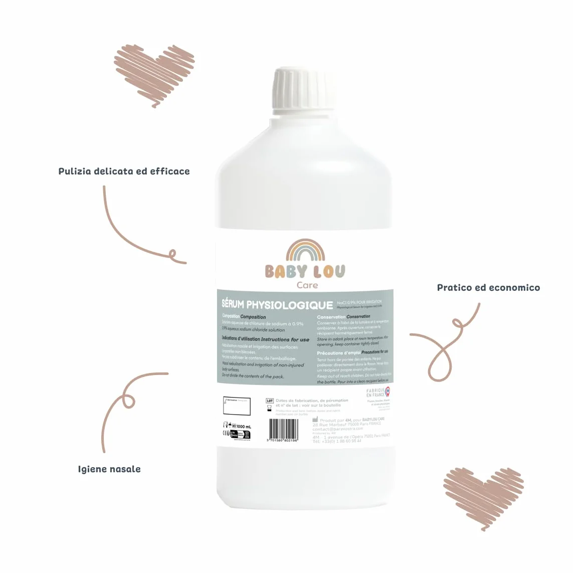 Siero Fisiologico flacone 2x1L | NaCl 0,9% | Fabbricato in Francia | Lavaggio delle fosse nasali | Igiene del naso | Per irrigazione esterna
