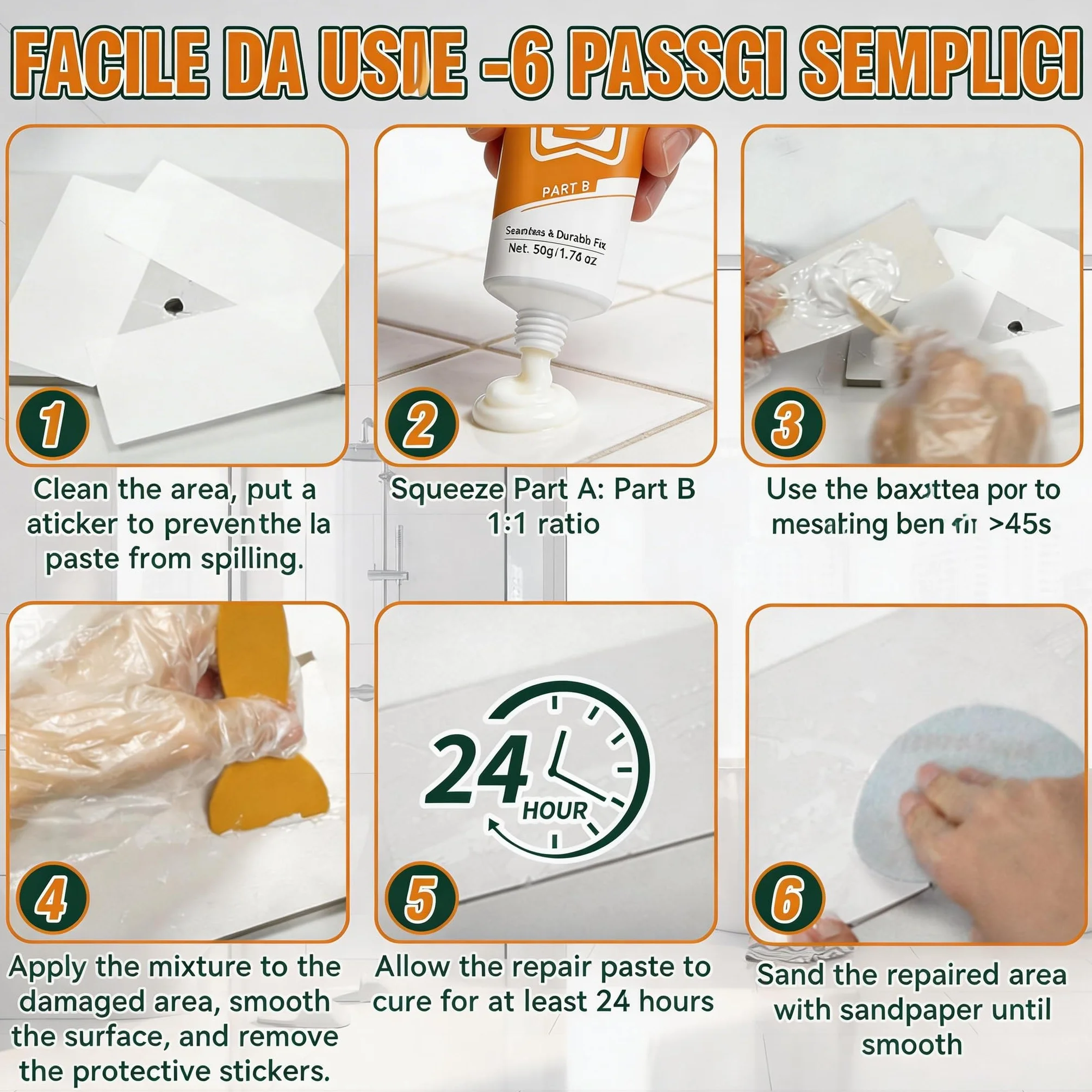 Kit Riparazione Piastrelle Impermeabile per Fibra di Vetro, Porcellana, Ceramica e Smalto