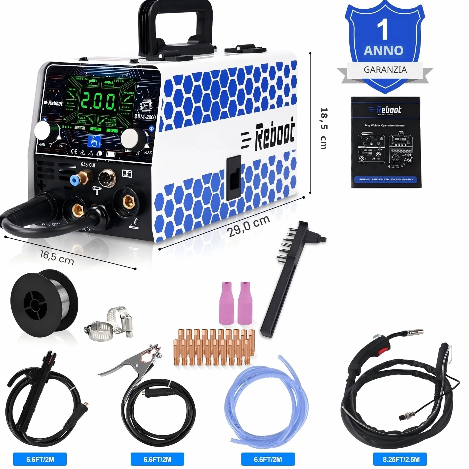Reboot RBM2000 PRO Saldatrice MIG 200A 5 in 1 Inverter Sinergico MIG Gas/Gasless MMA Lift TIG Spot Display LED