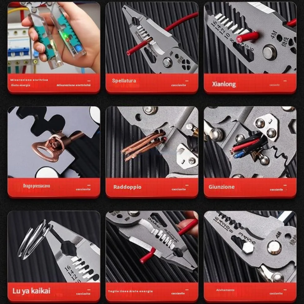 Professionale Pinza Spelafili 18 in 1 Pieghevole con Tester di Tensione 22.4cm Acciaio