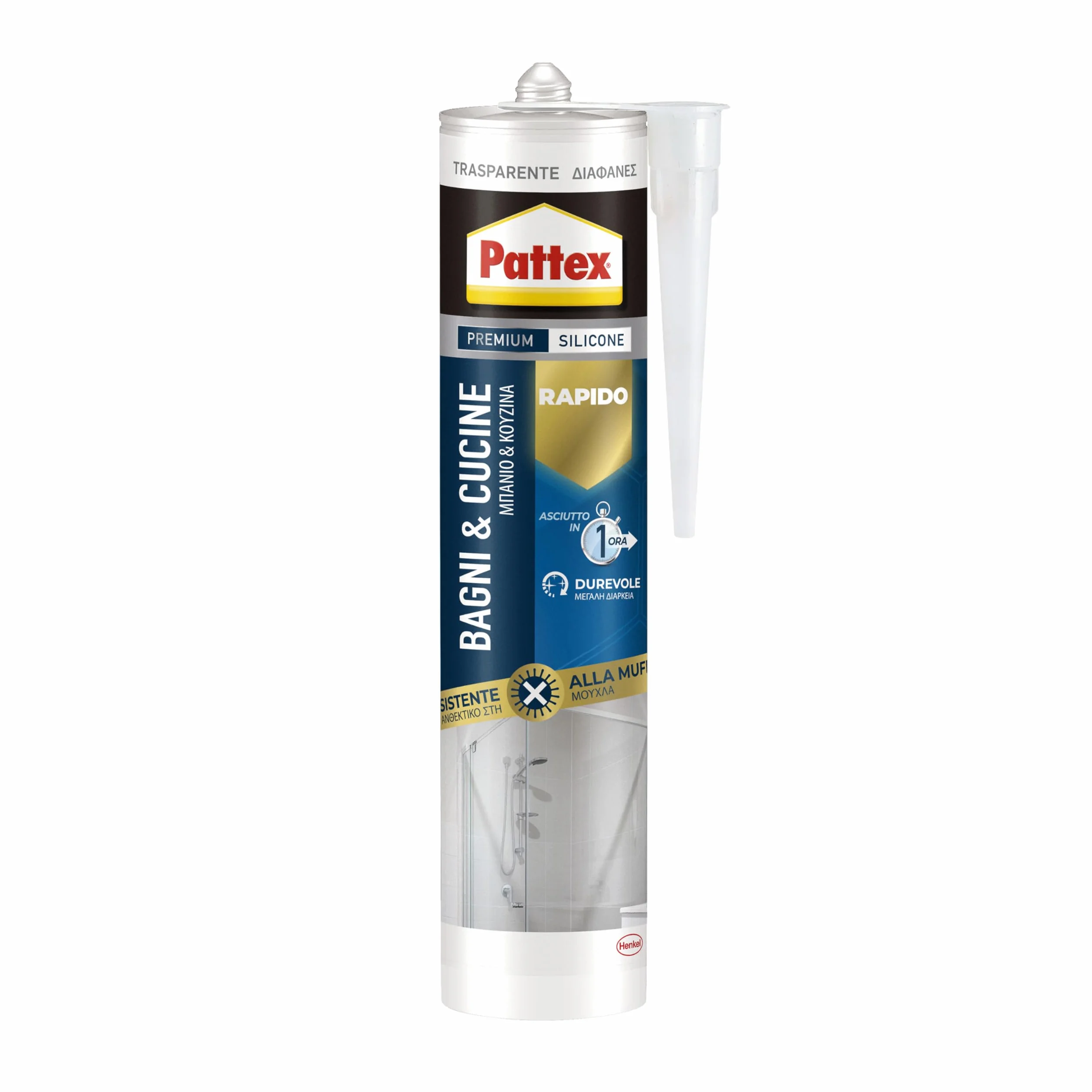 Pattex Bagni&Cucine Rapido Trasparente, Silicone sigillante trasparente ad asciugatura rapida, impermeabile antimuffa 1x300ml