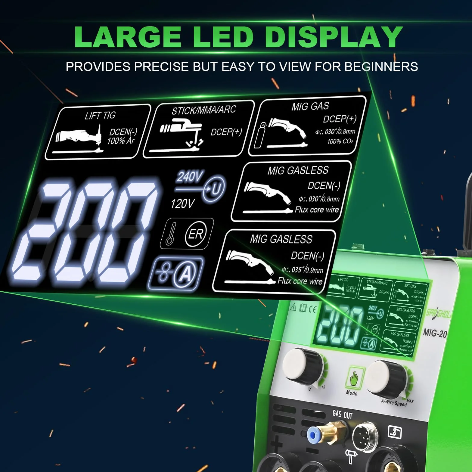 Saldatrice 5-in-1 200A 240V MIG/MAG Senza Gas MMA Lift TIG Inverter IGBT Display LED