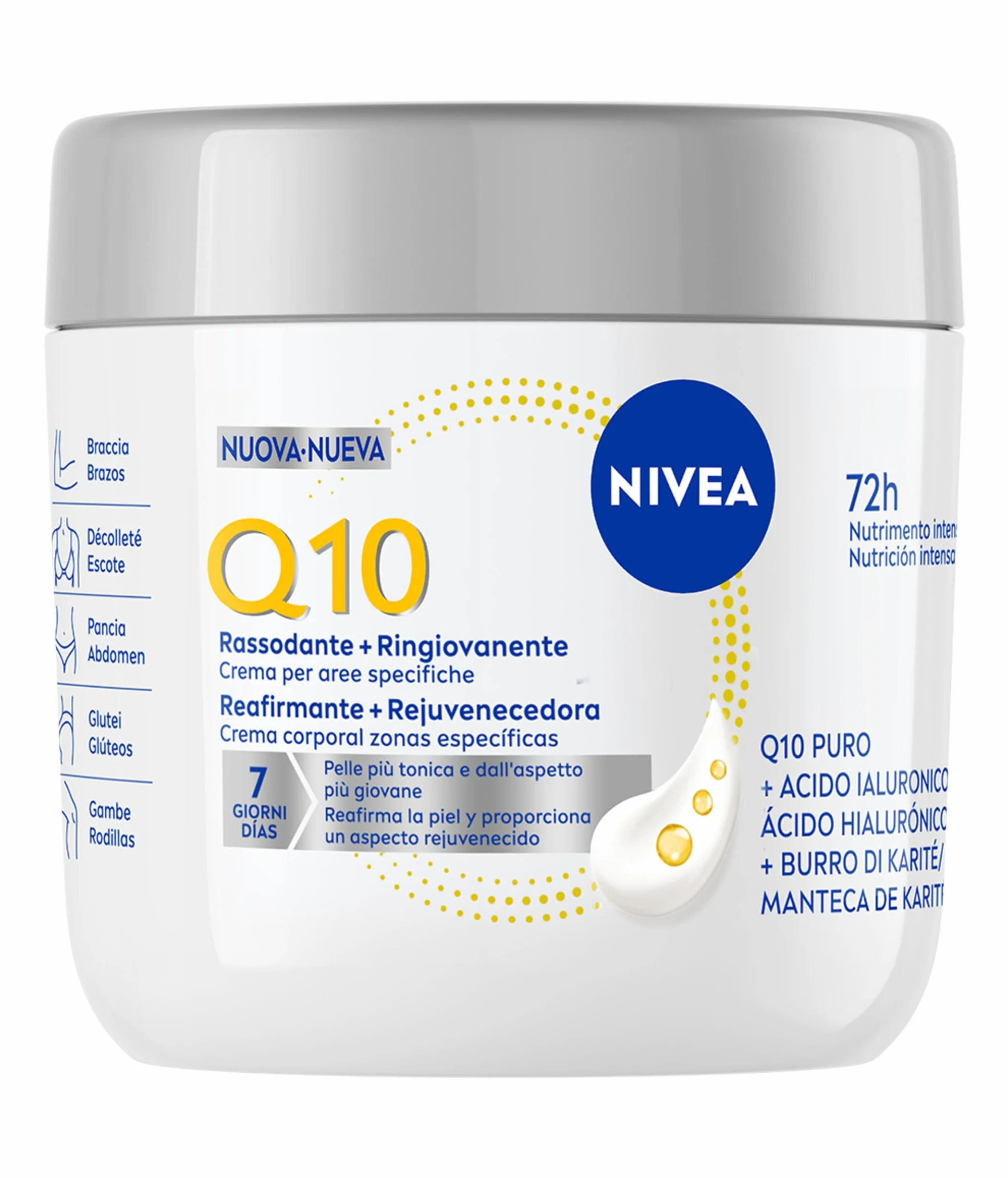 NIVEA Q10 Rassodante + Ringiovanente Aree specifiche 400 ml, Crema rassodante corpo con Coenzima Q10 e Acido Ialuronico, Crema idratante corpo 72h tonificante per seno, braccia, pancia, glutei e gambe