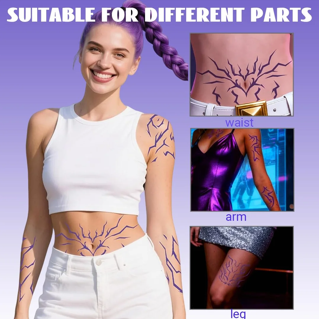 Tatuaggi Temporanei Demon Purple Hunter Set 4 pezzi – Stickers viola luminosi per Cosplay, Festival, Halloween – Tattoo impermeabili